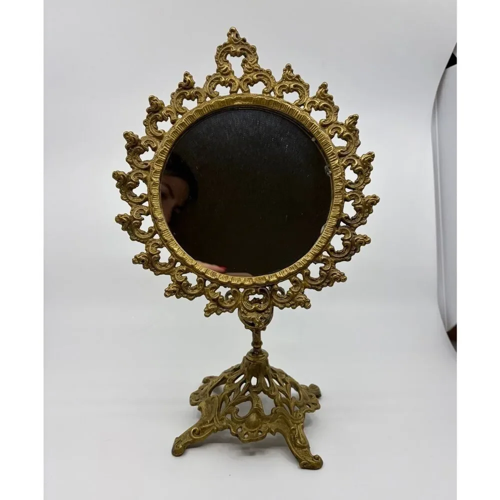 Vintage Ornate Brass Standing Adjustable Swivel Makeup Vanity Mirror Frame Swive